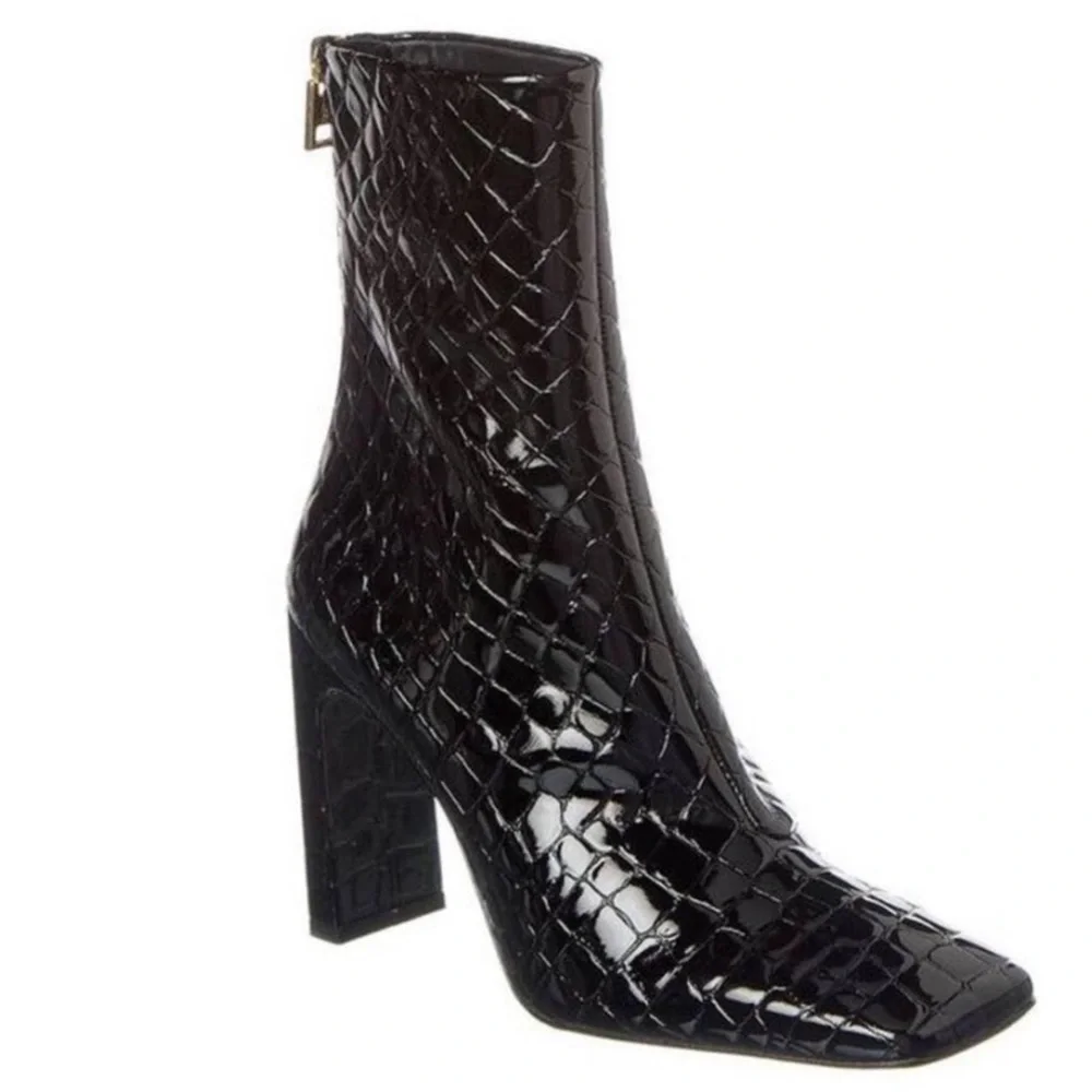 NIB Good American Black Patent Croc Leather Boots Square Toe Ankle Booties Sz 9